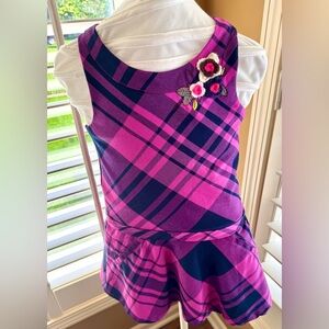 H&M Girls Pink & Navy Plaid Dress w/ Floral Appliqué Size 7-8Y